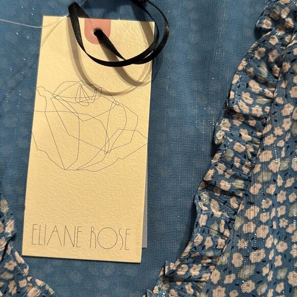 Eliane Rose Blue Floral Metallic Thread Ruffle Blouse NWT L Boho Cottagecore - Picture 6 of 8